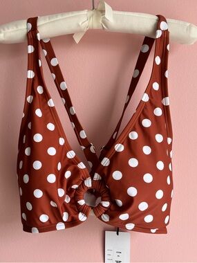 Polka Dot Ring-Front Bikini Top in Rust & White Unique Vintage XL NWT